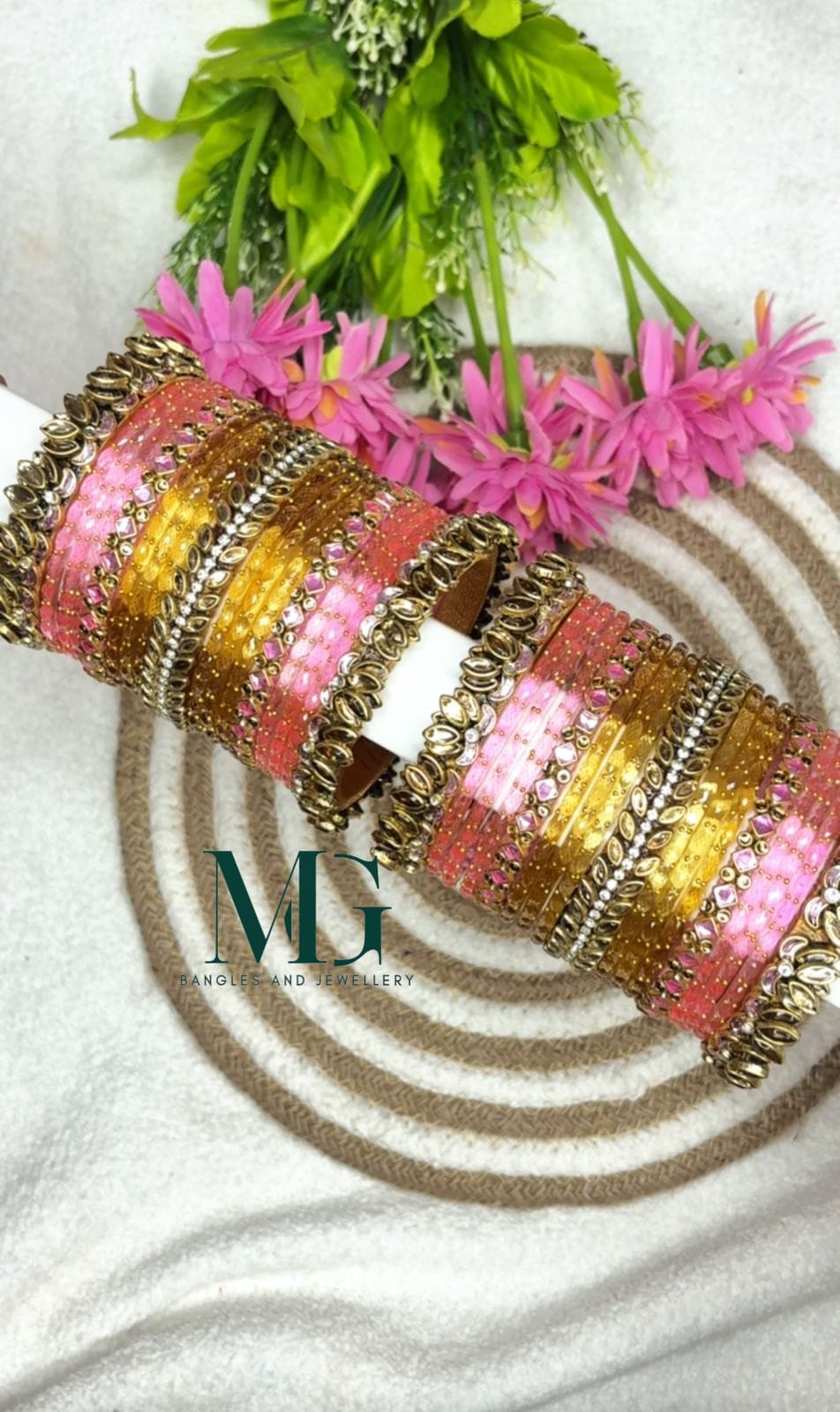 3D Lotus bangles combo pink and golden