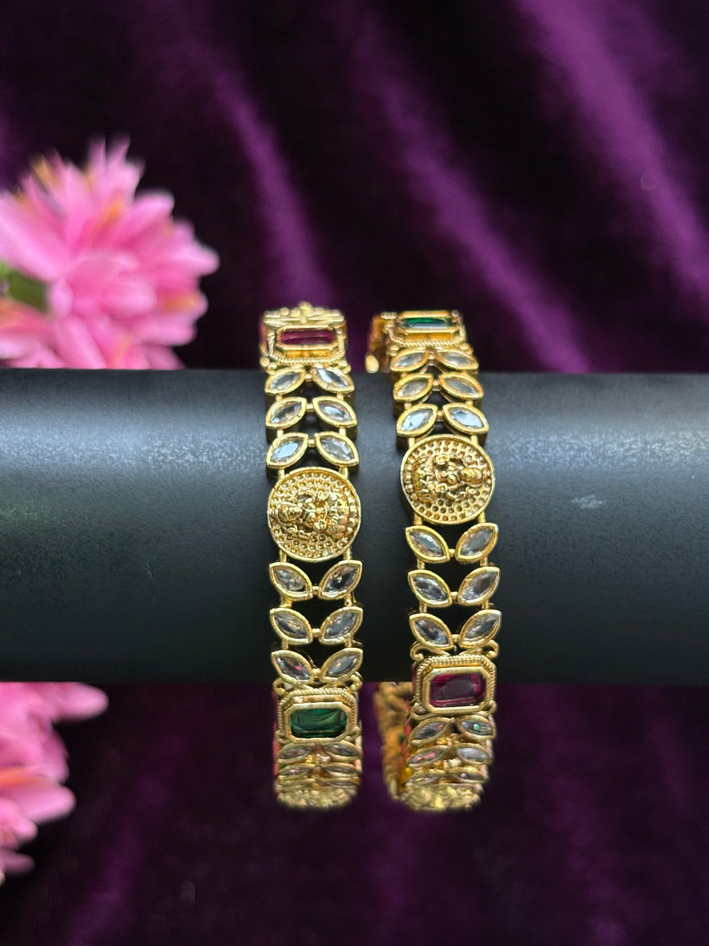 Gold Replica Leaf Stone Bangles - Premium Quality
