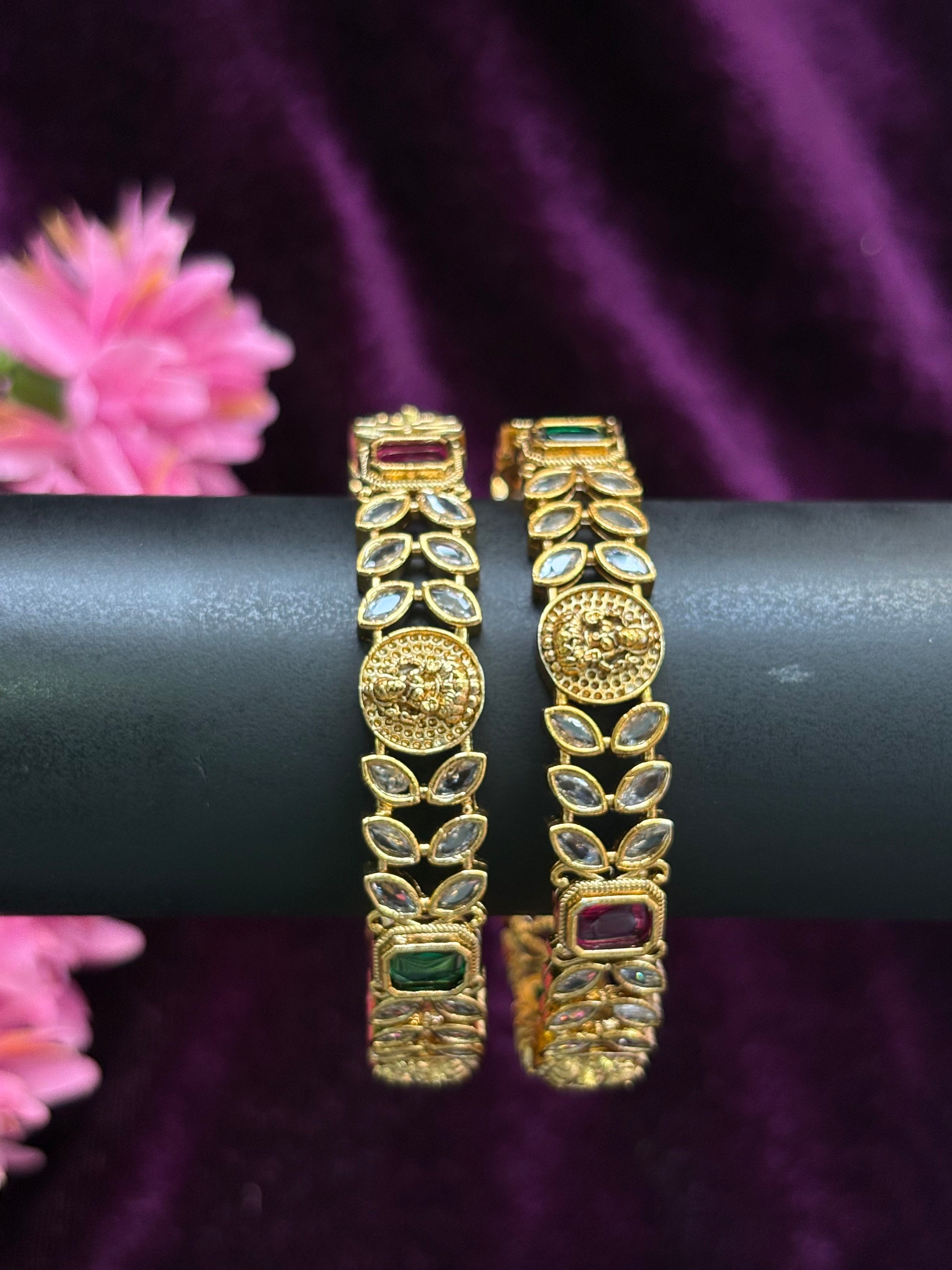Gold Replica Leaf Stone Bangles - Premium Quality