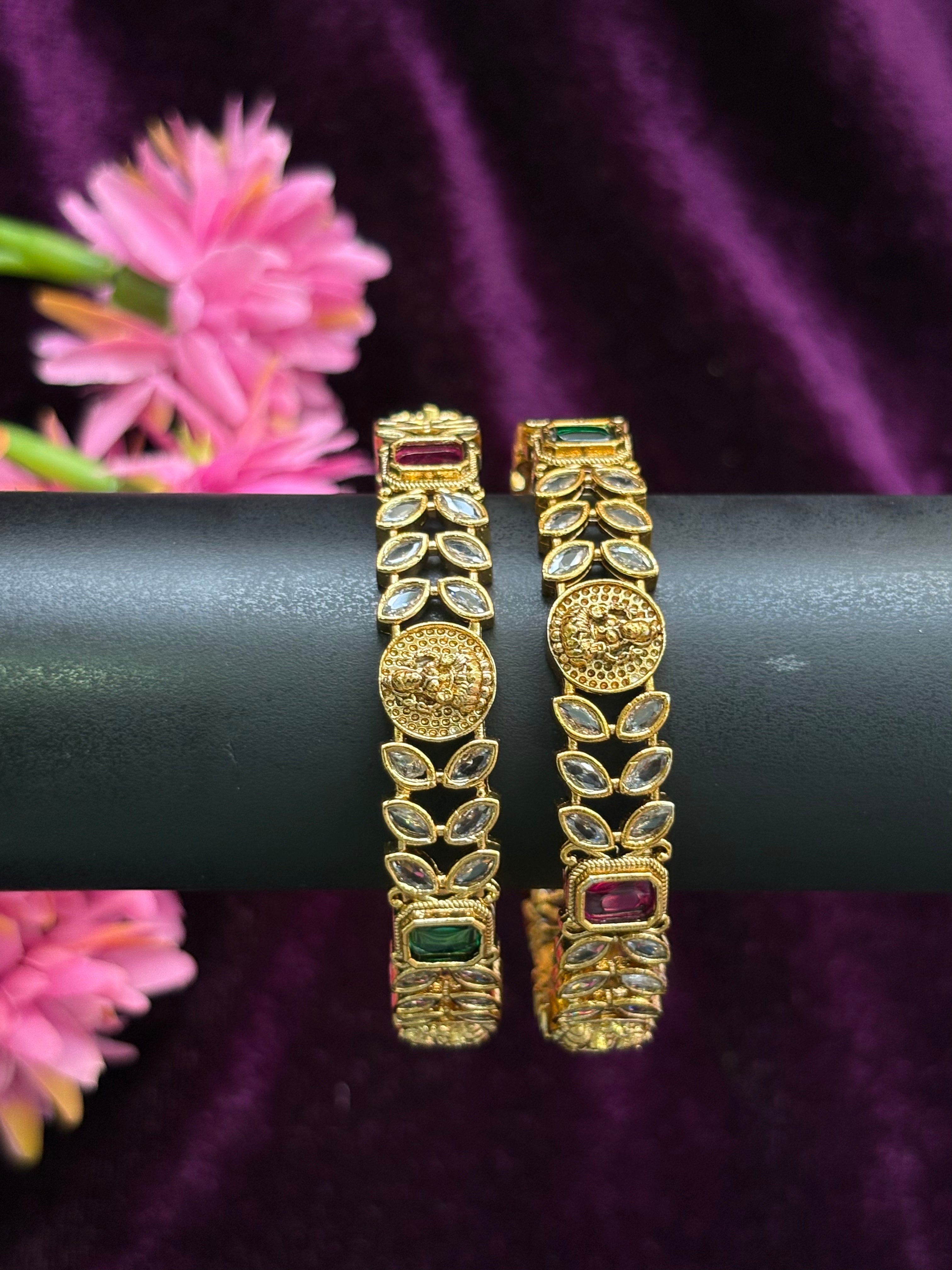 Gold Replica Leaf Stone Bangles - Premium Quality