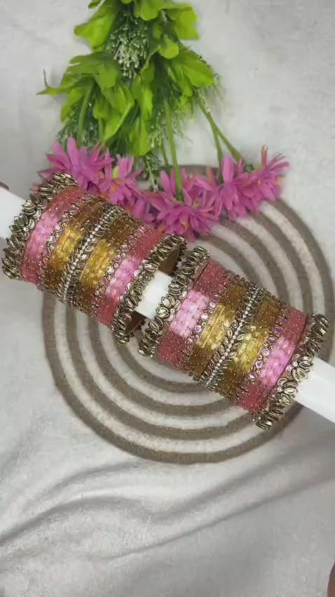 3D Lotus bangles combo pink and golden